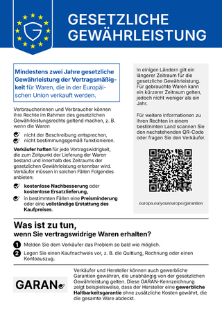 EU-Hinweis: Mindestens zwei Jahre gesetzliche Gewährleistung der Vertragsmäßigkeit für Waren, die in der Europäischen Union verkauft werden